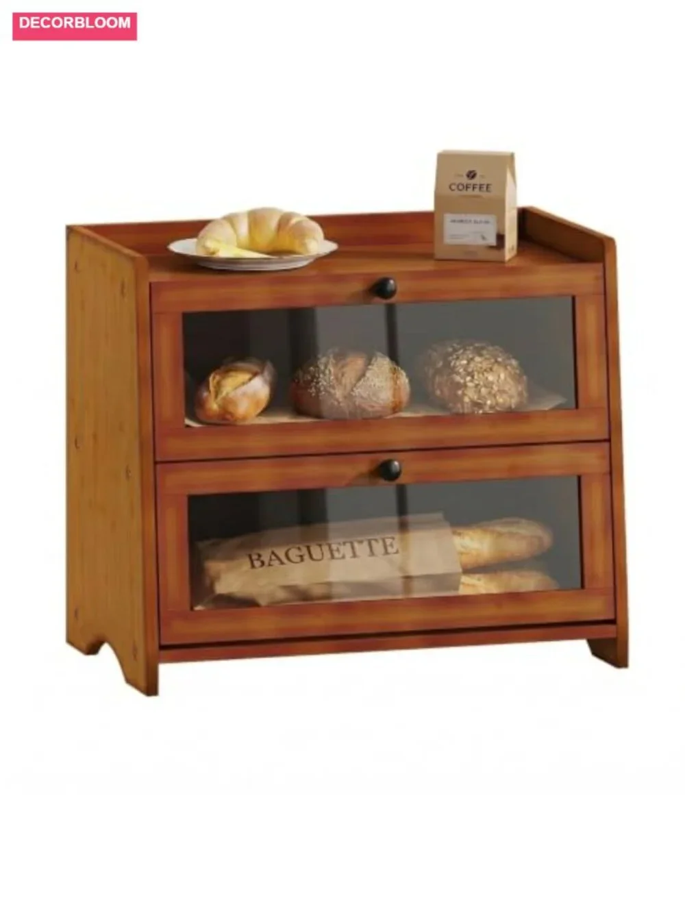 2 Tier Bamboo Bread Box with Clear Windows for Kitchen Countertop Storage